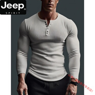 JEEP SPIRIT歐美硬漢阿美咔嘰美式復(fù)古重磅T恤棉亨利領(lǐng)長(zhǎng)袖短男內(nèi)搭打底衫 本白 2XL