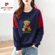 皮爾卡丹純·棉衛衣女打底衫撞色拼接長(cháng)袖大d碼寬松新款秋冬棉文藝上衣 藍色玫瑰熊【純·棉】 XL 建議110-130斤