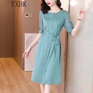 YXHK真絲連衣裙女夏短袖品牌女裝收腰顯瘦新款中長(zhǎng)款氣質(zhì)垂感連衣裙 青色 XL