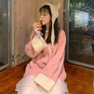 蘭威費雷秋冬新款寬松韓版洋氣甜美拼接針織長袖上衣潮時尚學生毛衣女外穿 粉色圖片款 收藏關(guān)注優(yōu)先 S 小可愛
