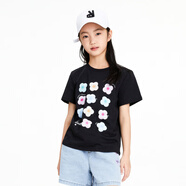 安奈兒童裝女童圓領短袖T恤2024年夏裝可愛花朵印花上衣 黑色 140 