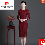 皮爾卡丹女裝紅色旗袍女夏季2024年新款喜婆婆婚宴裝禮服蕾絲改良 Q5686棗紅色 2XL 建議115-125斤