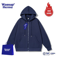 WASSUP HERMU官方潮流連帽衛(wèi)衣男春秋季運(yùn)動(dòng)休閑情侶套裝大碼外套潮牌長(zhǎng)袖開(kāi)衫 加絨加厚-深藍(lán)色 XL（建議130-150斤)