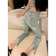 木清清 胖妹妹闊腿褲2022年新款寬松顯瘦破洞牛仔褲大碼女裝秋季高腰直筒褲 圖片色 S碼建議88-100斤