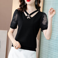 蕾絲衫2022夏裝韓版大碼女裝打底衫女短袖T恤女士小衫雪紡上衣服 黑色 878款 S 建議75-90斤