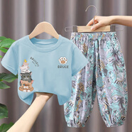 GOOFLORON兒童夏季套裝新款純棉短袖T恤男童女童寶寶洋氣上衣兩件套潮流 淺藍色T恤+藍色防蚊褲 90 cm