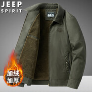 JEEP SPIRIT春秋中年夾克男翻領(lǐng)加絨加厚冬季上衣中老年爸爸純棉寬松休閑外套 ZGQ0703軍綠-加絨加厚 L-建議115-135斤