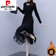 皮爾卡丹（pierre cardin）中長(zhǎng)毛衣女秋冬2025年新款加絨加厚外穿蕾絲百搭洋氣過膝打底衫裙 黑色【加絨】 XL 115-130斤