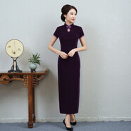 鴻韻繡旗袍長(cháng)款短袖金絲絨旗袍改良復古修身高檔酒紅敬酒旗袍裙大碼女 紫色長(cháng)款短袖 3XL