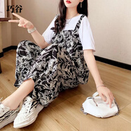 聽筱單件/套裝背帶褲夏季洋氣減齡胖mm顯瘦女裝矮個子寬松九分褲 背帶褲黑白【單件】 2XL 建議140-160斤