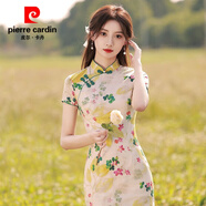皮爾卡丹綠色改良復(fù)古旗袍小個子中國風(fēng)2025年夏季新款年輕少女連衣裙清新 印花 XL 建議115-130斤