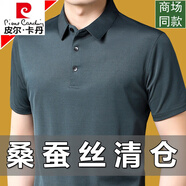 皮爾卡丹（pierre cardin）高檔保羅短袖t恤男士桑蠶絲翻領(lǐng)中年爸爸裝夏季休閑半袖冰.絲polo 青色 L 170/88A(建議115-130斤)