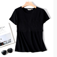 必菩簡(jiǎn)約歐美夏裝棉質(zhì)防凸點(diǎn)打底衫圓領(lǐng)拼接花邊T恤女短袖ins洋氣潮 黑色 L