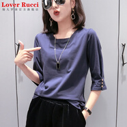 LOVER RUCCI純棉七分袖t恤女2025新款春夏歐洲站紐扣中袖上衣打底衫內搭外穿 藏藍 L