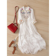 弗依郝中袖連衣裙小個(gè)子店女民族風(fēng)仿眞絲繡花大擺長(cháng)裙寬松立領(lǐng) 白色 少量現貨 L 建議125-140斤