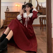 寧蔚2025春秋新款連衣裙小個(gè)子法式仙女裙女收腰顯瘦氣質(zhì)長(cháng)裙子JYF 7969-酒紅色 S