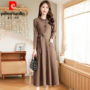 皮爾卡丹（pierre cardin）長(cháng)袖棉麻連衣裙女2025秋季新款韓版休閑氣質(zhì)減齡收腰顯瘦過(guò)膝長(cháng)裙 卡其色 2XL