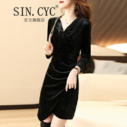 SIN.CYC女裝金絲絨連衣裙女短款春秋季打底小個(gè)子修身裙子 黑色 M
