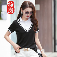筱嵐翻領(lǐng)短袖t恤女裝ins潮2024夏季新款正肩帶領(lǐng)體恤polo衫假兩件上衣 黑色 M