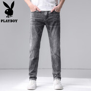 花花公子（PLAYBOY）牛仔褲男夏季新款休閑褲子修身彈力直筒修身長(cháng)褲男士褲子休閑褲 8213黑灰色 36 /2尺9