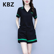 KBZ輕奢潮牌休閑跑步運動短褲套裝女夏季新款大碼顯瘦短袖兩件套 黑色 L【建議95-115斤】