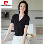 皮爾卡丹（pierre cardin）洋氣收腰針織開(kāi)衫女短袖薄款2025年夏裝高腰短款V領(lǐng)小個(gè)子冰絲t恤 黑色 XL