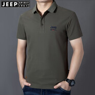 JEEP SPIRIT商務短袖t恤珠地棉開衩繡標純色翻領(lǐng)半袖寬松夏季男士體恤薄休閑 軍綠色 3XL (190) /108A建議175-185斤