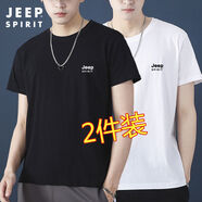 JEEP吉普短袖復古T恤男衣服男裝夏季圓領(lǐng)打底衫純棉透氣寬松運動汗衫 黑色+白色 XL（建議115-130斤）