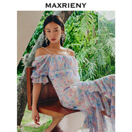 MAXRIENY【商場(chǎng)同款】幻彩三色堇連衣裙露肩裙子碎花抽褶 拼花 L 03