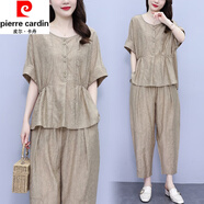 皮爾卡丹（pierre cardin）棉麻休閑套裝女夏季新款中年洋氣時(shí)尚遮肚子顯瘦高端亞麻兩件裝 卡其色 【夏裝搭配一整套】 XL【115-135斤】