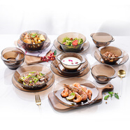 DURALEX法國(guó)進(jìn)口歐式玻璃餐具碗碟套裝家用高檔6人食餐具輕奢微波爐餐具 咖啡色【簡(jiǎn)約碗盤(pán)A款】 16件套