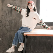 純貝兔童裝女童套裝秋季新款衛衣圓領(lǐng)韓版兒童衣服3-14歲秋冬季中大童女孩長(cháng)袖寬松牛仔褲運動(dòng)舒適兩件套 杏色格子袖套裝 160 建議身高155cm左右