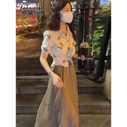 雅黛絲薇連衣裙女裝2025新款夏季小個子法式減齡顯瘦小香風(fēng)長裙子夏天套裝 6308杏色上衣+裙子 M