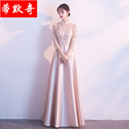 女聲獨(dú)唱演出服女成人 主持服裝女中長款伴娘服春季長袖閨蜜伴娘團(tuán)姐妹裙合唱人晚禮服女藝考音樂生 香檳色 偏微粉 S(胸圍80，腰圍63)
