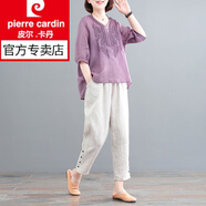 皮爾卡丹（pierre cardin）中年夏季新款寬松復(fù)古休閑褲刺繡棉麻套裝洋氣顯瘦夏天套裝女媽. 紫色上衣+白色褲子套裝 M 建議100-118斤