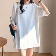 萊姆斯丁中長(zhǎng)款T恤女寬松上衣夏新款純棉半袖遮屁股顯瘦學(xué)生印花大落肩女 純白落肩短袖女 XL 大碼140-185斤