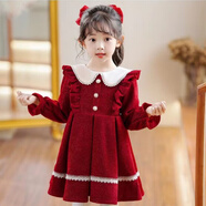 小巧狐2025新款女童安可拉紅色絲絨連衣裙兒童拜年服女孩加絨公主裙子MY 紅色 娃娃領(lǐng)【春秋款】 140