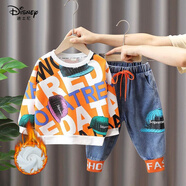 迪士尼（Disney）兒童套裝男童秋裝洋氣休閑裝春秋款衛衣兩件套潮童裝一件 潮流字母套裝 - 桔色(加絨) 130碼建議身高125公分左右