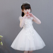 貝戀妍女童公主裙蓬蓬紗兒童主持人禮服白紗裙花童婚紗小女孩鋼琴演出服 白色804 120