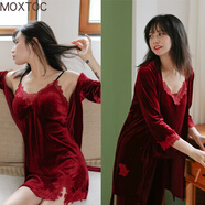 MOXTOC睡衣女秋冬金絲絨四件套性感吊帶睡裙女士中長(zhǎng)款睡袍家居服套裝 酒紅 L（110-130斤）