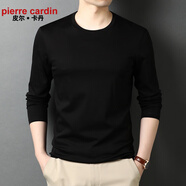 皮爾卡丹純棉T恤男長(cháng)袖春秋薄款純色百搭無(wú)領(lǐng)絲光棉上衣圓領(lǐng)打底針織衫 55200 黑色 L