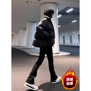 POUM彎刀微喇牛仔褲男夏季美式復(fù)古vibe高街顯瘦修身黑色直筒長褲子男 黑色 加絨 S 【70-90斤】