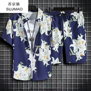 蘇京貓港風(fēng)碎花襯衫男潮夏季短袖襯衣寬松大碼復(fù)古痞帥沙灘上衣服夏威夷 3021套裝【上衣+短褲】 3XL