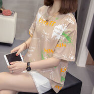 寶喬旭短袖t恤女加肥加大女裝斤韓版特夏裝寬松斤上衣 卡其色01#柔軟 5XL 建議170-200斤