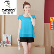 啄木鳥(niǎo)（TUCANO）2026夏雙層雪紡吊帶背心女內搭寬松雪紡衫女無(wú)袖上衣打底短款外穿 天藍色短袖上衣 2XL 建議120-130斤