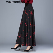 vuzrmm輕奢秋冬新款復(fù)古提花高腰半身裙女長裙百搭中年廣場舞大擺裙子 B黑底紅梅松緊腰 L 2.2-2.3尺腰圍
