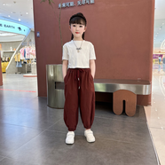 拙拙豬女童洋氣短袖運動套裝2025新款夏季兒童秋裝女孩大童時髦女裝衣服 白色【白T恤+酒紅褲】 170 碼適合身高155-165厘米