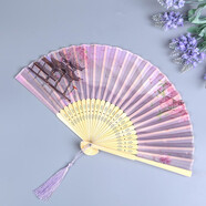 絲兿堂古風(fēng)折扇中國風(fēng)女式扇子絹面扇櫻花印花工藝拍照小扇女扇漢服折扇 桃花亭榭（配扇套）