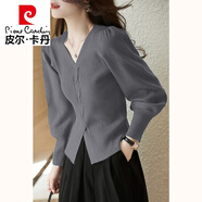 皮爾卡丹（pierre cardin）針織打底衫女士裝春秋冬2025年新款v領(lǐng)時(shí)尚洋氣內搭毛衣上衣 灰色《減齡時(shí)髦寬松顯 XL 120-130斤