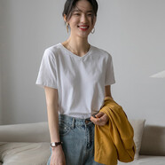妃麗慕尚夏季新款女裝短袖v領(lǐng)白色正肩t恤女寬松百搭上衣內搭純棉打底衫潮 0064白色 S